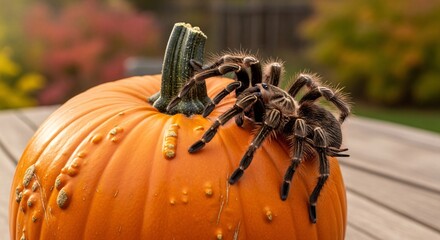 Scary tarantula spider crawls on bright orange pumpkin during autumn season outdoors