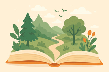 Open book with nature landscape emerging. Reading, imagination, storytelling concept. Getting lost in a good book. Fantasy world, adventure, magic, knowledge, education. Vector.