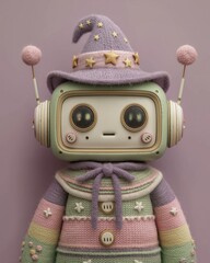 Adorable Pastel Robot in Knitted Sweater with Starry Witch Hat and Playful Antennas