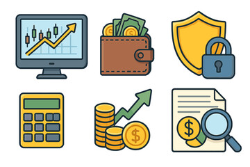 Finance and business icon set. Investment growth, stock market chart, money wallet, financial security, profit calculation, and audit concepts. Vector illustration.