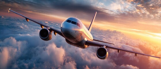 Jet plane soaring through clouds at sunset