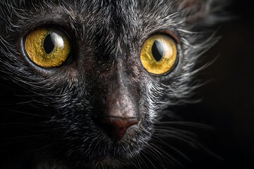 Close-up portrait of a Lykoi cat with striking yellow eyes, showcasing its distinctive and unique appearance.