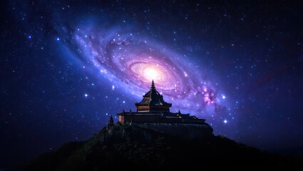 Temple Silhouette Under a Swirling Galaxy of Stars and Cosmic Wonder