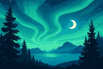Northern lights landscape vector illustration. Aurora borealis over mountains and calm lake. Starry night sky with crescent moon. Pine forest silhouette, magical nordic scenery.