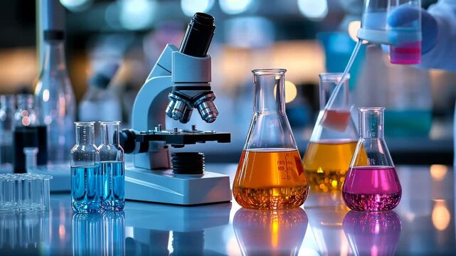 Laboratory science experiment with colorfulchemical solutions and microscope in modern lab