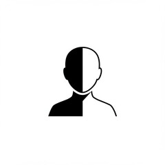 Dichotomy Icon: A minimalist monochrome representation of a person's face, the face is split into two contrasting halves symbolizing duality and conflict.