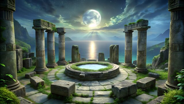 Ancient ruins with a glowing portal in a mystical forest landscape