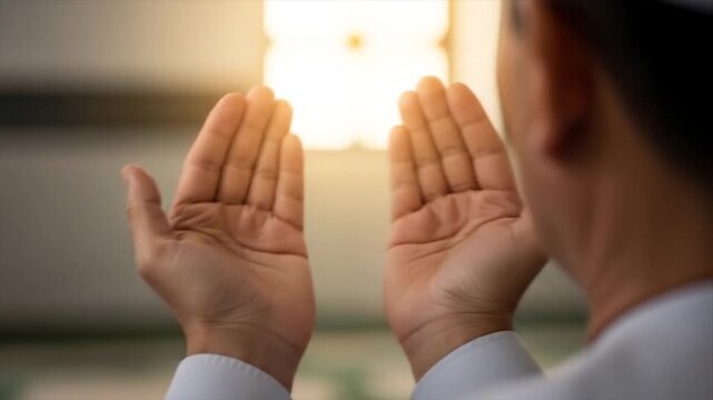 Muslim Man Praying, Hands Raised in Supplication