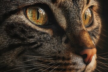 A Striking Close-Up of a Tabby Cat's Face, Showcasing Its Intense Gaze and Detailed Fur Texture