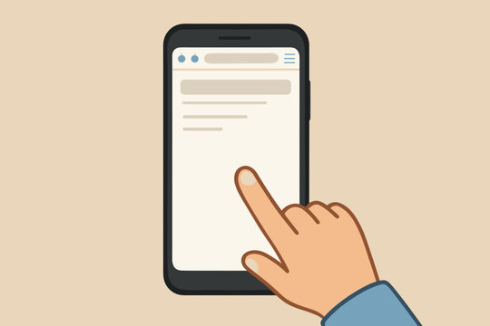 Hand holding phone mockup with blank browser user interface. Finger touching or scrolling touchscreen. Mobile device template for website or app. Flat cartoon vector design.