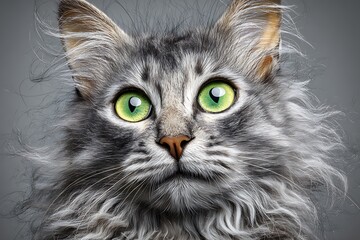 Close-up portrait of a fluffy gray cat with striking green eyes, showcasing its captivating gaze and intricate fur details.