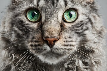 Close-up portrait of a grey tabby cat with striking green eyes, showcasing its unique fur pattern.