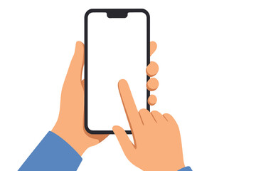 Hand holding smartphone with blank screen. Finger touching, tapping or swiping the display. Mobile phone mockup vector template for app, business or website presentation.