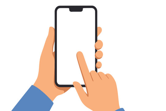 Hand holding smartphone with blank screen. Finger touching, tapping or swiping the display. Mobile phone mockup vector template for app, business or website presentation.