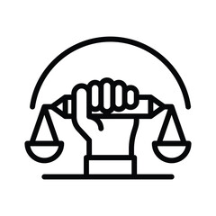 A stylized hand grips the scales of justice enclosed within a semicircular shape, web icon in line style. Editable stroke