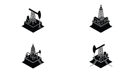Obraz premium Isometric Oil Rig Icons Set Black and White Industrial Energy Production Collection