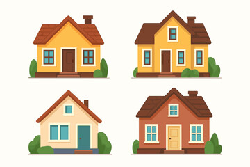 Fototapeta premium Set of cute cartoon houses. Vector illustration of four small, cozy homes. Flat design building icons for real estate or suburban concepts. Isolated on white background.