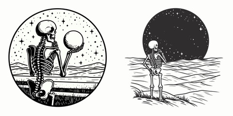 Obraz premium A Skeleton vastness admiring. Retro Vintage Line Art Clipart Silhouette Vector Illustration. .