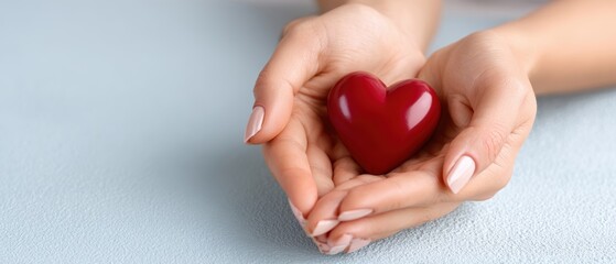 Fototapeta premium Close-up hands gently cradling vibrant red heart, symbolizing love, care, compassion. Represents feelings affection, romance, wellness. Soft background adds touch serenity, perfect conveying themes