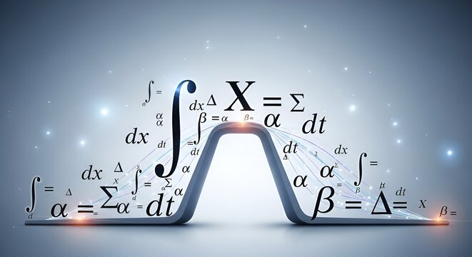 Floating math equations with integral and summation symbols above a metallic wave shape form - Powered by Adobe