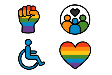 Set of diversity and inclusion icons. LGBTQ pride with rainbow flag fist and heart. Accessibility symbol for disability rights. Community support and social equality concept.
