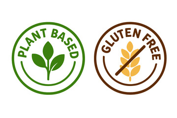 Plant based, gluten free icon set. Vegan food packaging label. Healthy diet symbol. Vegetarian product sticker. Allergen free, celiac friendly vector logo. Organic meal badge.