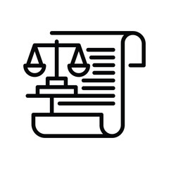 Depicts scales of justice atop a document symbolizing legal matters, web icon in line style. Editable stroke