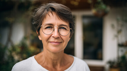 A middle-aged woman with glasses looks straight ahead with a slight smile, white t-shirt, house background