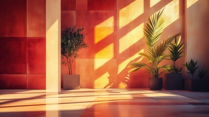 Interior sunlit space with potted plants
