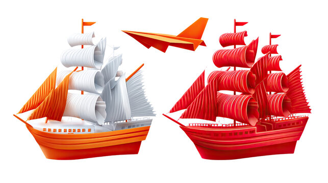 Vintage Sail Vessels and Aircraft: A stylized composition showcases two colorful sailing vessels and a paper airplane. evoking themes of travel, exploration, and a nostalgic sentimentality.