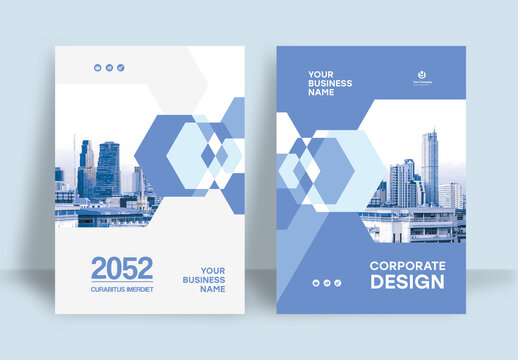 Business Report Cover Template &ndash;  Blue and White Geometric Layout (A4)	
