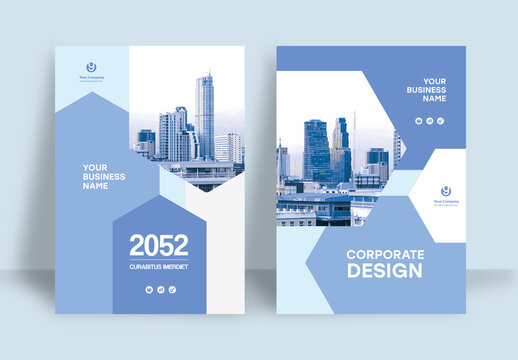 Business Report Cover Template &ndash;  Blue and White Geometric Layout (A4)	
