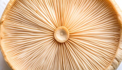 Close-up view of a pale, large mushroom cap, showcasing its radial gill structure