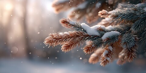 Beautiful, frosted winter scene showcasing evergreen branches covered in fresh, white snow. Sunlight gently frosty needles, creating serene peaceful winter wonderland. Photo evokes feelings calm,