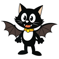 Cartoon black cat with bat wings on a white background 