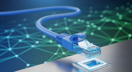 A blue ethernet cable connecting to a microchip on a surface with a network background design