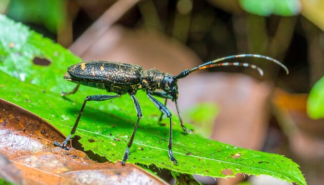 Close-up of a longhorn beetle on a vibrant green leaf in a lush forest setting