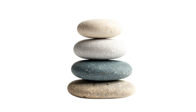 Stack of smooth zen stones balanced, symbol of relaxation and balance, isolated on transparent background