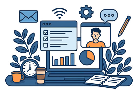 Remote work and home office vector illustration. Man on video conference with business charts, checklist, and communication icons. Virtual workspace and productivity concept.