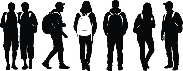 Art & IllustrationGroup of young students with backpacks walking and standing, silhouettes of teenagers, casual outfit, education, outdoor activity, youth lifestyle