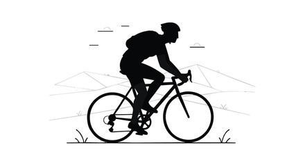 Obraz premium Dynamic monochrome illustration of a focused male cyclist navigating a road bike against a stylized mountain range, capturing the essence of endurance sports and outdoor adventure