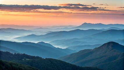 Obraz premium Golden Horizon – Mountain Landscape, Sunrise, Nature, Tranquility, Atmospheric Depth, Abstract, Scenic View