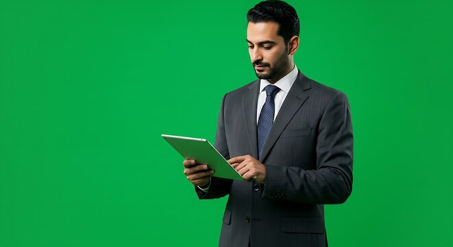 A man in a suit holds a tablet against a green background