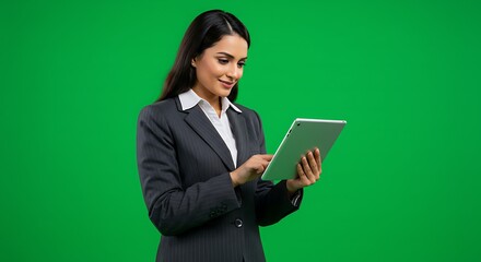 Businesswoman using a tablet on a green screen