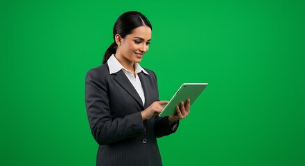 A businesswoman in a suit uses a tablet against a green screen