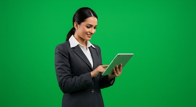A businesswoman in a suit uses a tablet against a green screen