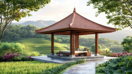 Fototapeta premium Intricately Carved Wooden Pavilion in Tropical Garden Setting