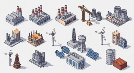Isometric industrial buildings factories power plants energy infrastructure vector icons set for design