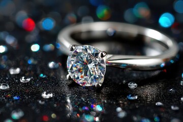 Sparkling diamond ring with glimmering reflections on a dark surface