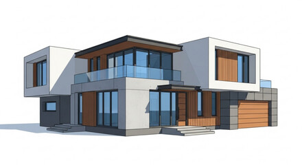 Modern home design architectural rendering showcasing contemporary house with balcony and large windows design ideas